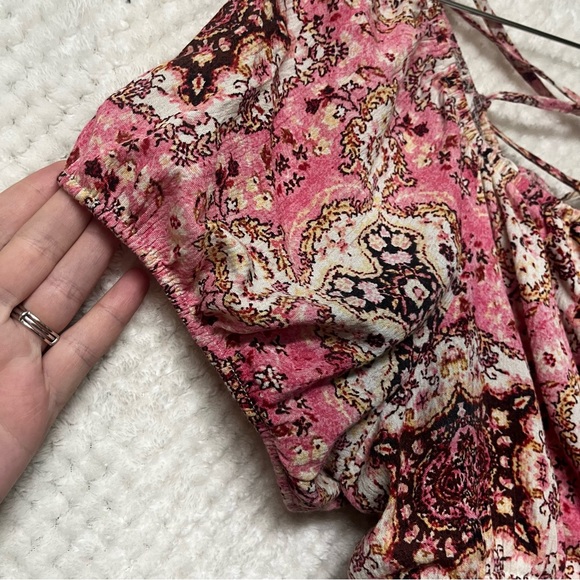 TORRID Crinkle Gauze Cris Cross Back Top Pink & Brown Peplum Cinched Waist Shirt - Picture 10 of 13